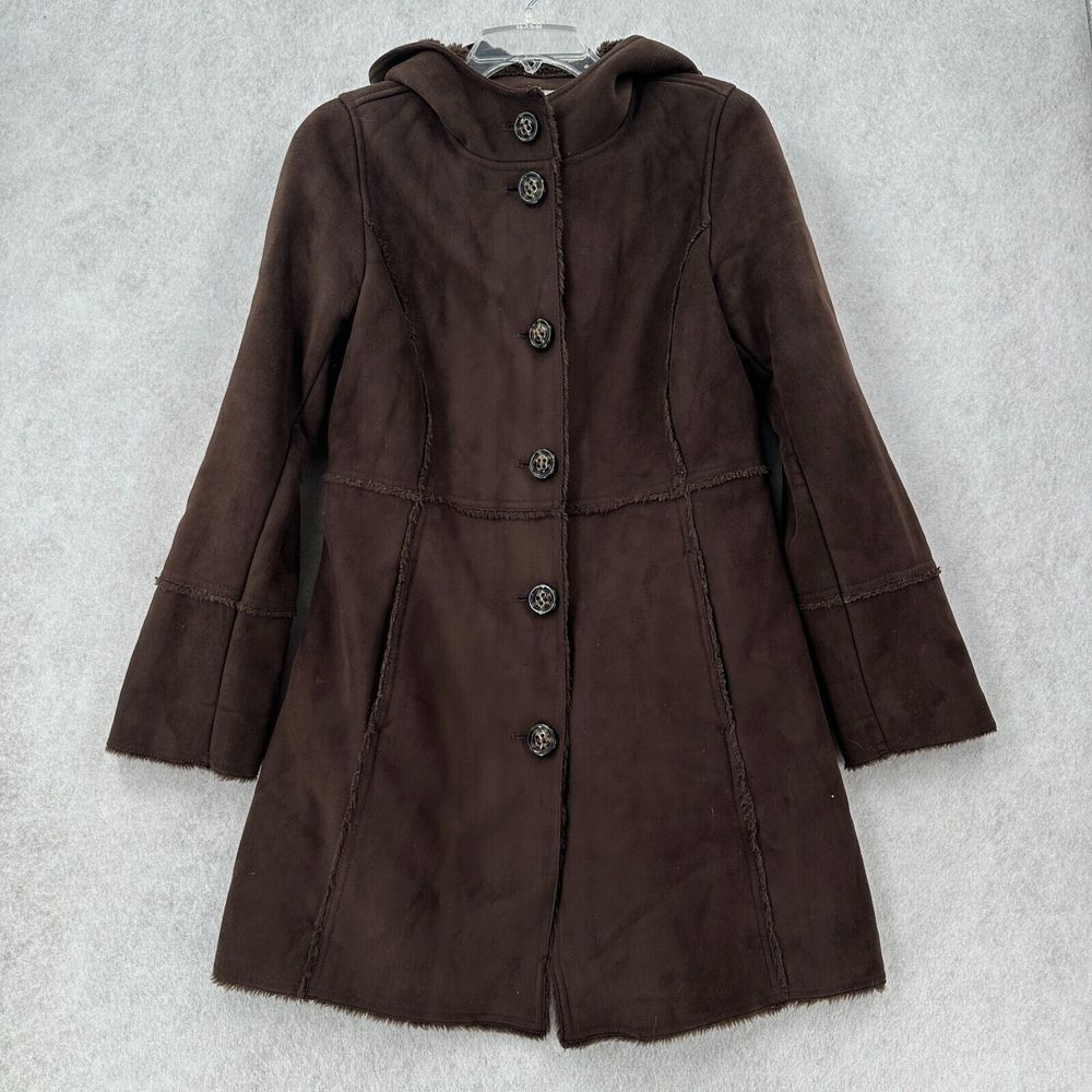 VTG Esprit Faux‎ Fur Coat Womens SMALL Faux Suede Hooded Brown Chore Barn Jacket